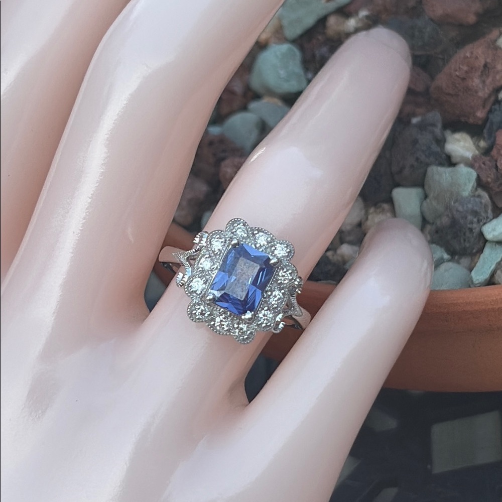 Emerald Cut 1.75 tcw Genuine Tanzanite & Diamond Ring Sterling Silver Size 7